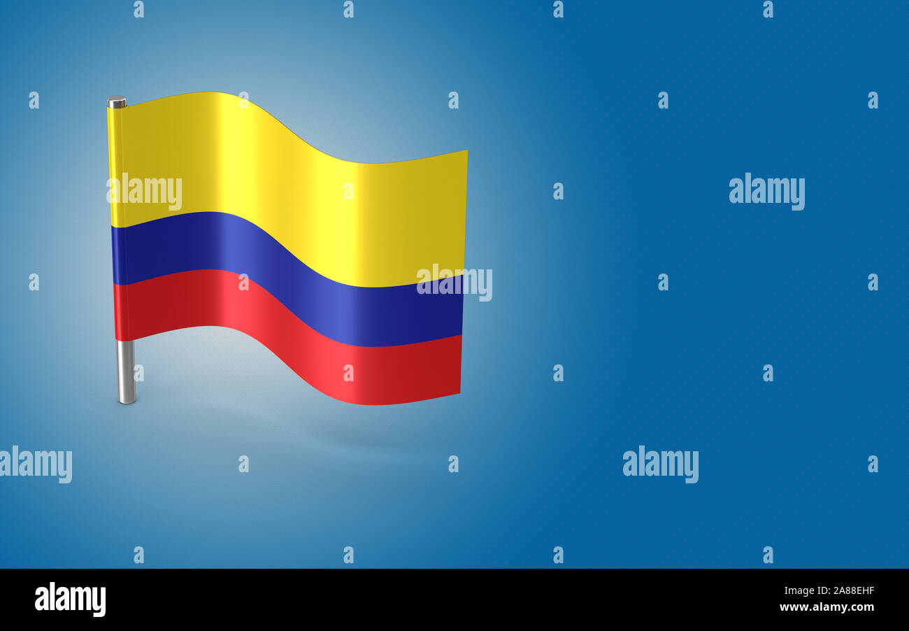 Small Colombian flag on a short metal pole. The flag has nicely detailed plastic texture on a blue background. 3D rendering. Stock Photo