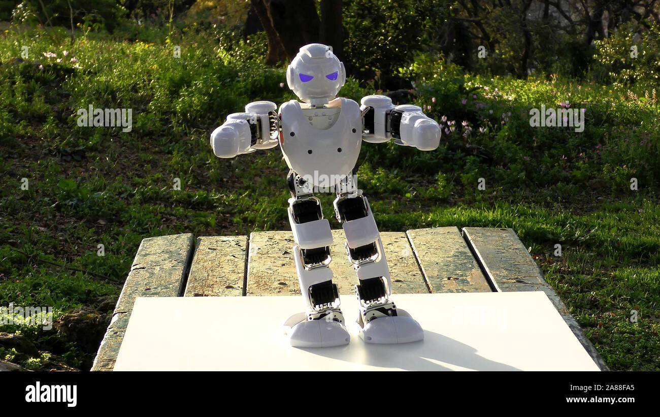 An android humanoid robot dances a popular style dance. Robot likes to ...