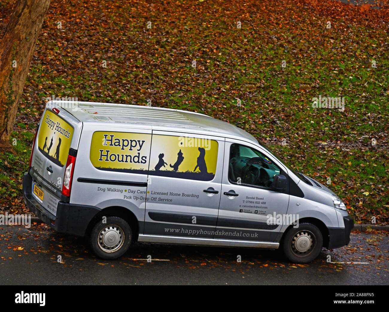 Happy Hounds' dog walking service van. Beast Banks, Kendal, Cumbria,  England, United Kingdom, Europe Stock Photo - Alamy