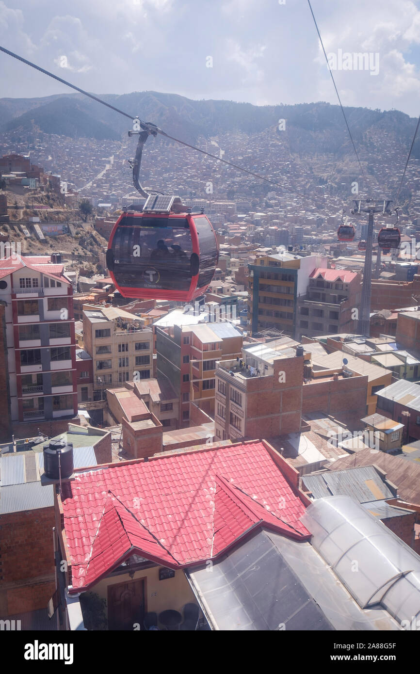 Mi Teleférico also known as Teleférico La Paz–El Alto, is an aerial cable car urban transit system serving La Paz–El Alto metropolitan area in Bolivia Stock Photo