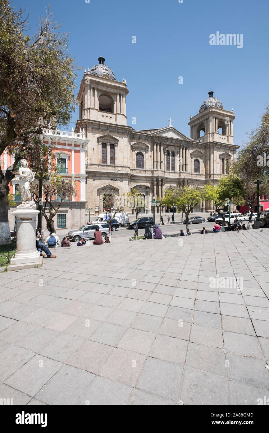 Plaza Murillo in the Historic District with the Cathedral of Our Lady of Peace or Nuestra Señora de la Paz in the background, La Paz, Bolivia Stock Photo
