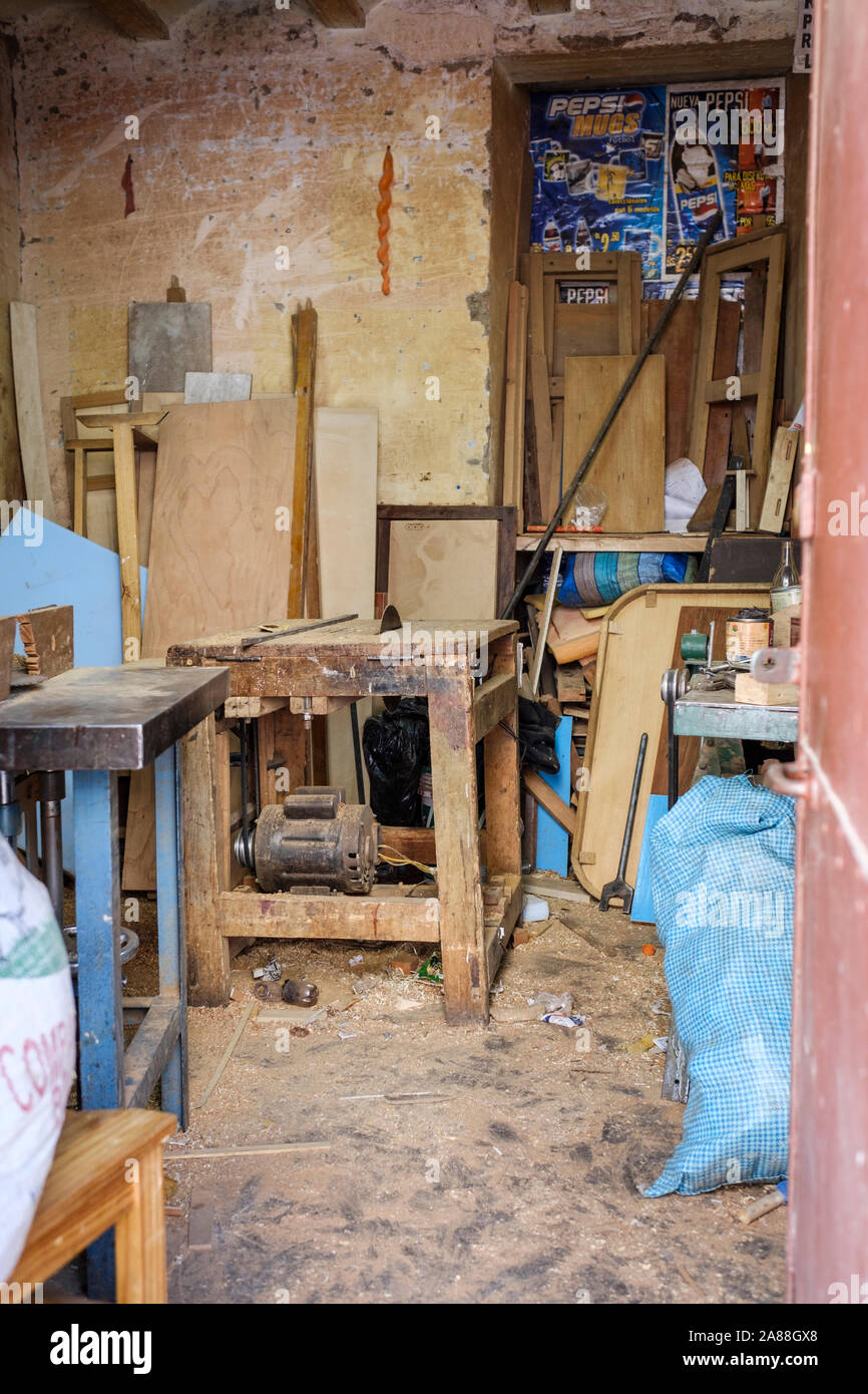 Carpentry working shop in the Historic District of La Paz, Bolivia Stock Photo