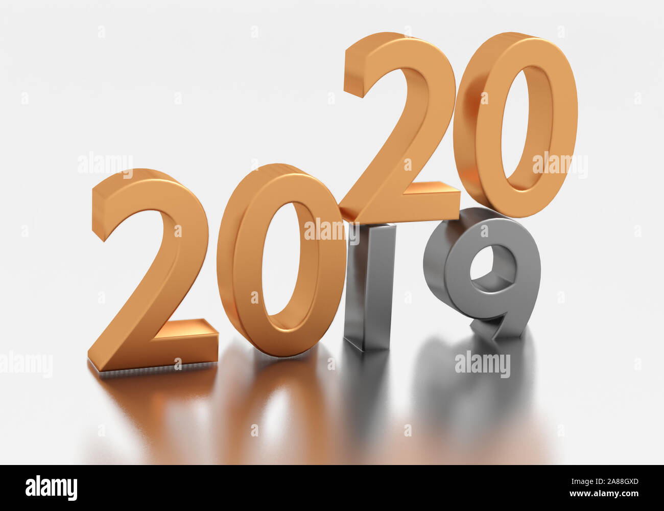 Numbers of New Year 2020 over grey old 2019 isolated on white background. 3d render Stock Photo
