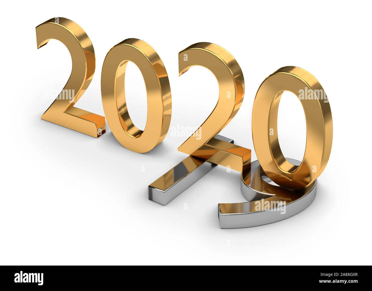Golden numbers of New Year 2020 over grey old 2019 isolated on white background. 3d render Stock Photo