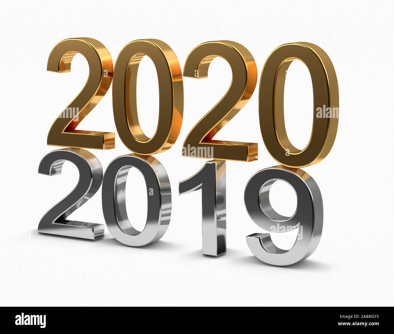 Gold numbers of New Year 2020 over grey old 2019 isolated on white background. 3d render Stock Photo
