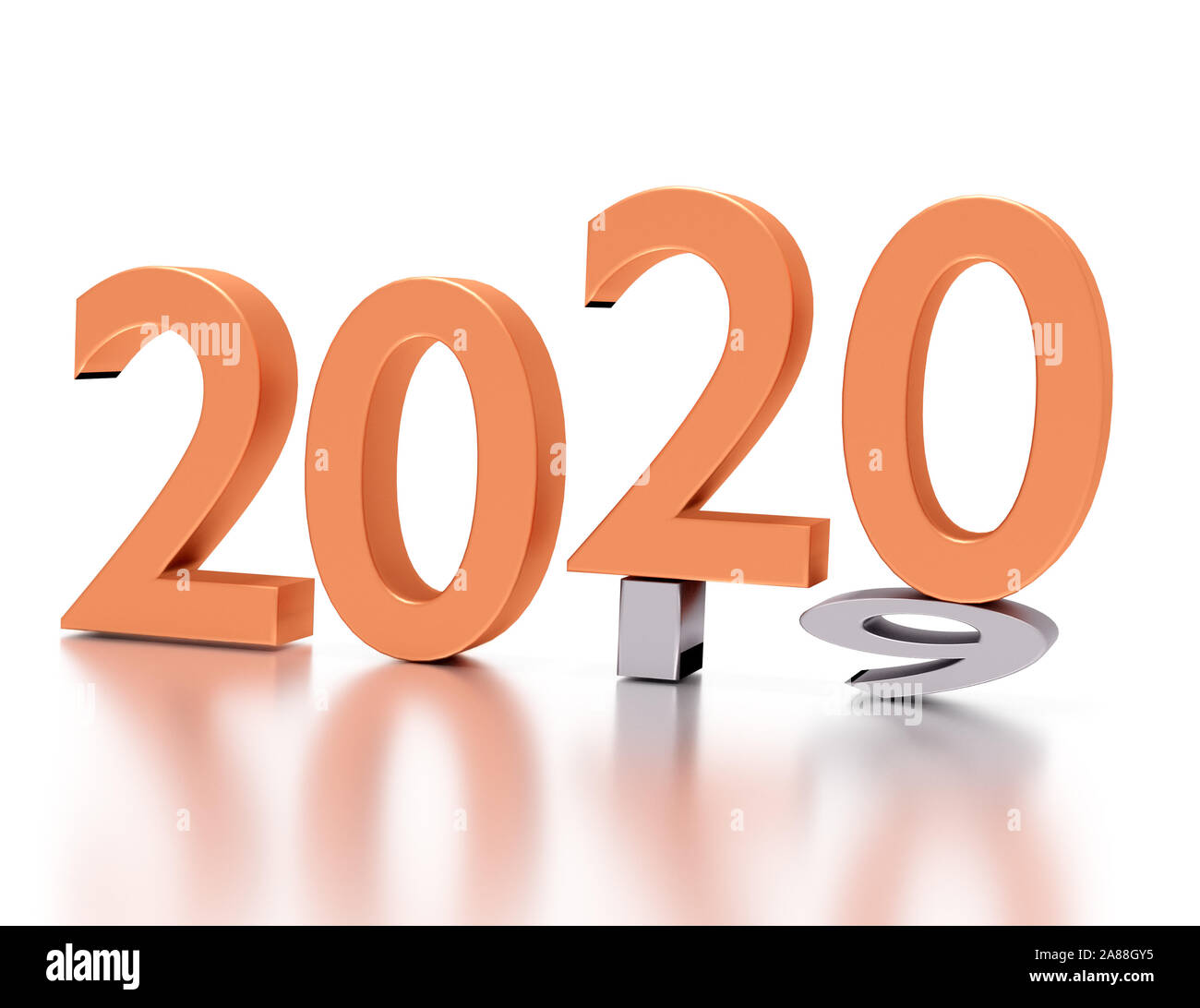 Numbers of New Year 2020 over grey old 2019 isolated on white background. 3d render Stock Photo