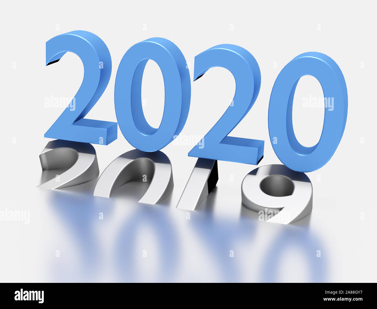 Blue numbers of New Year 2020 over grey old 2019 isolated on white background. 3d render Stock Photo