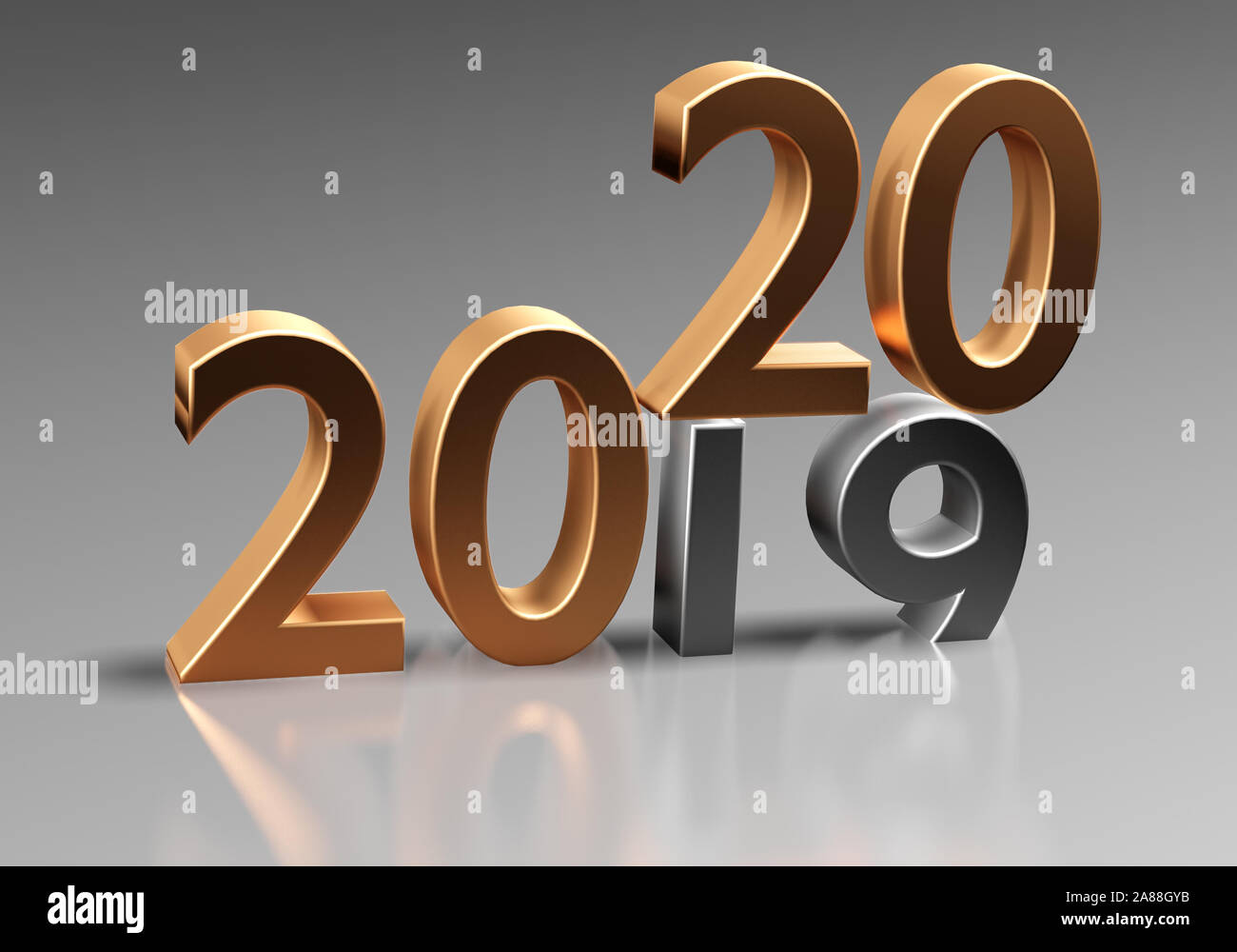 Numbers of New Year 2020 over grey old 2019 on gradient. 3d render Stock Photo
