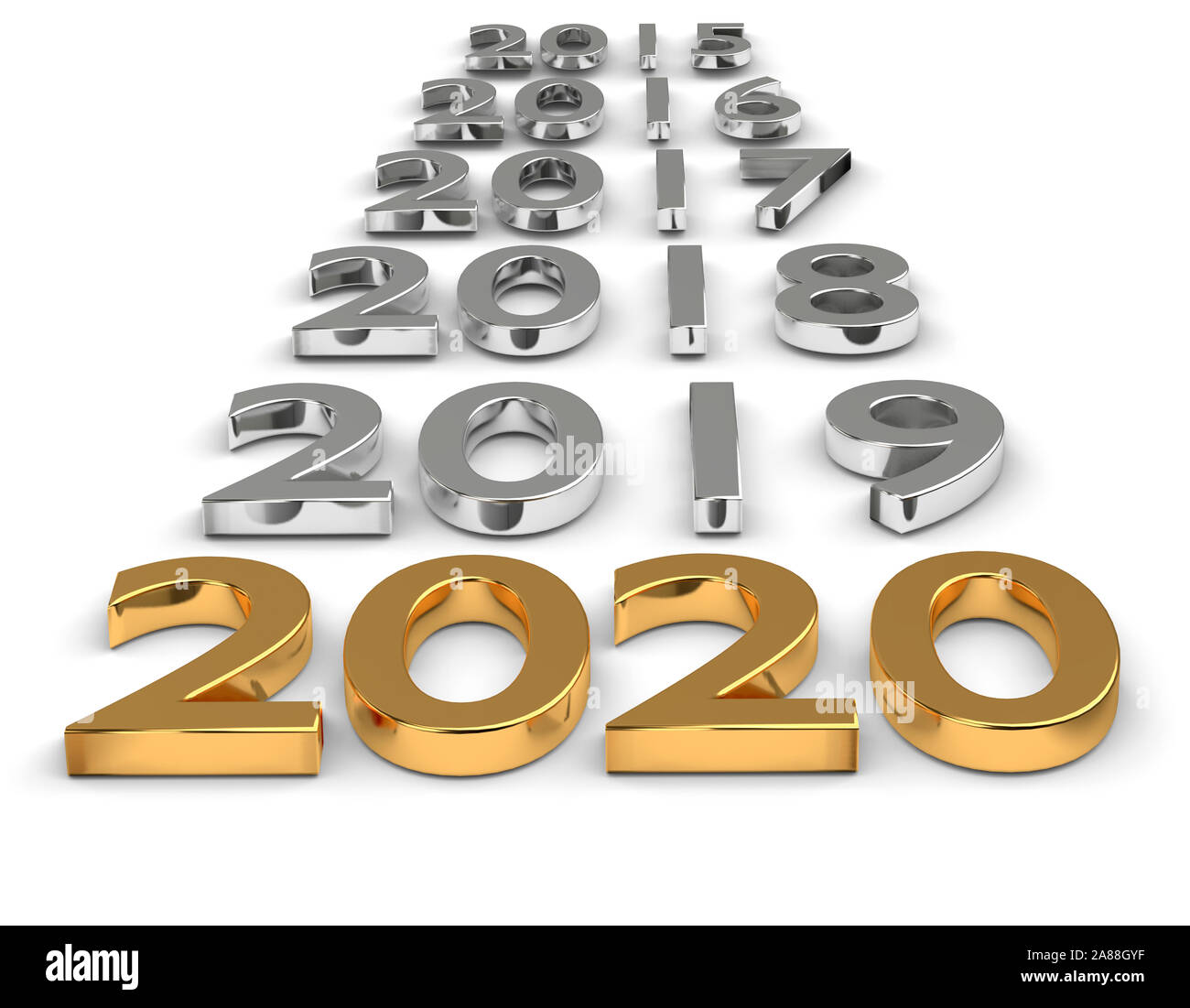 Gold numbers of New Year 2020 near grey others old years. 3d render Stock Photo