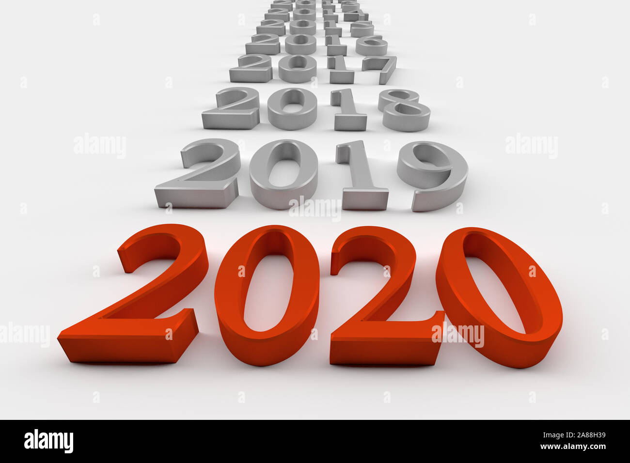 Red numbers of New Year 2020 near grey others old years. 3d render Stock Photo