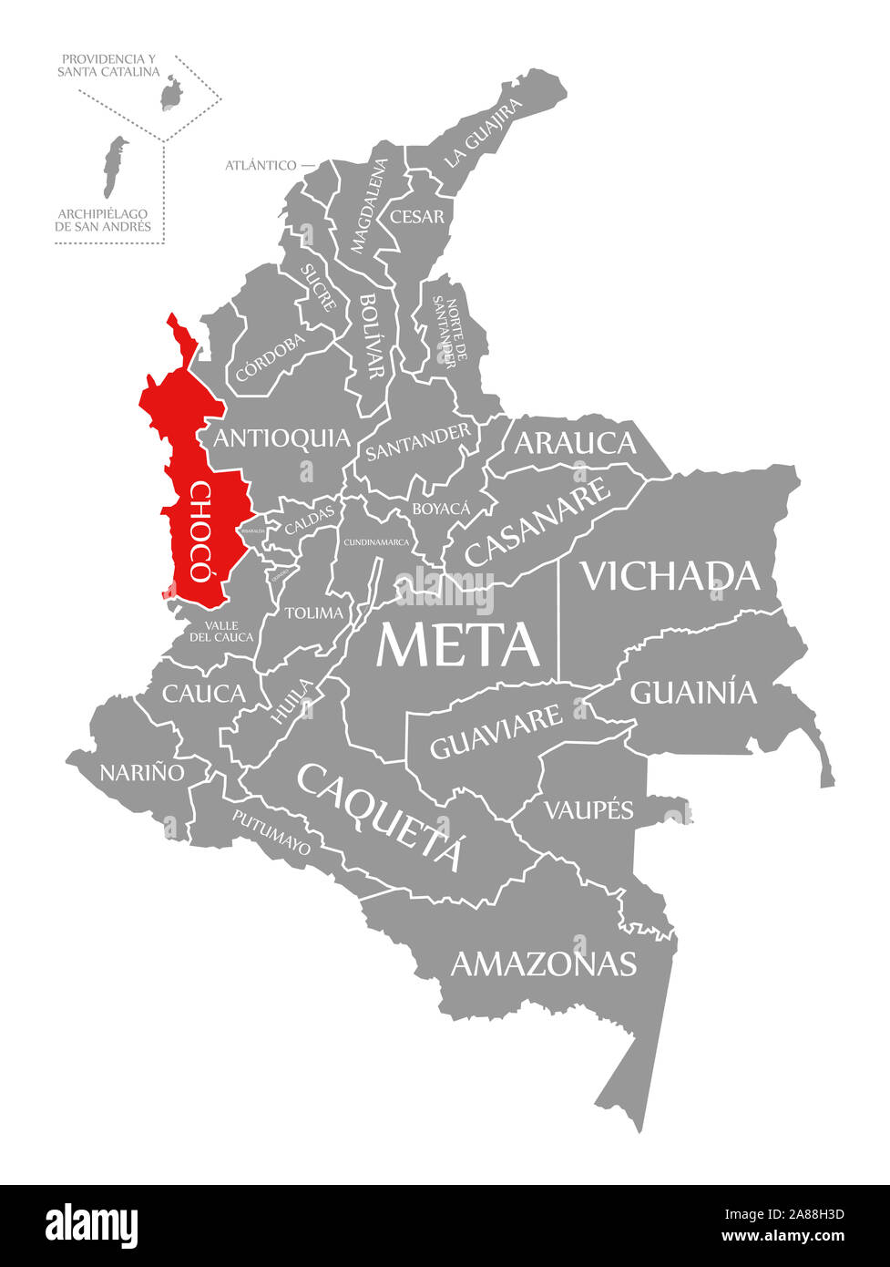 Choco red highlighted in map of Colombia Stock Photo
