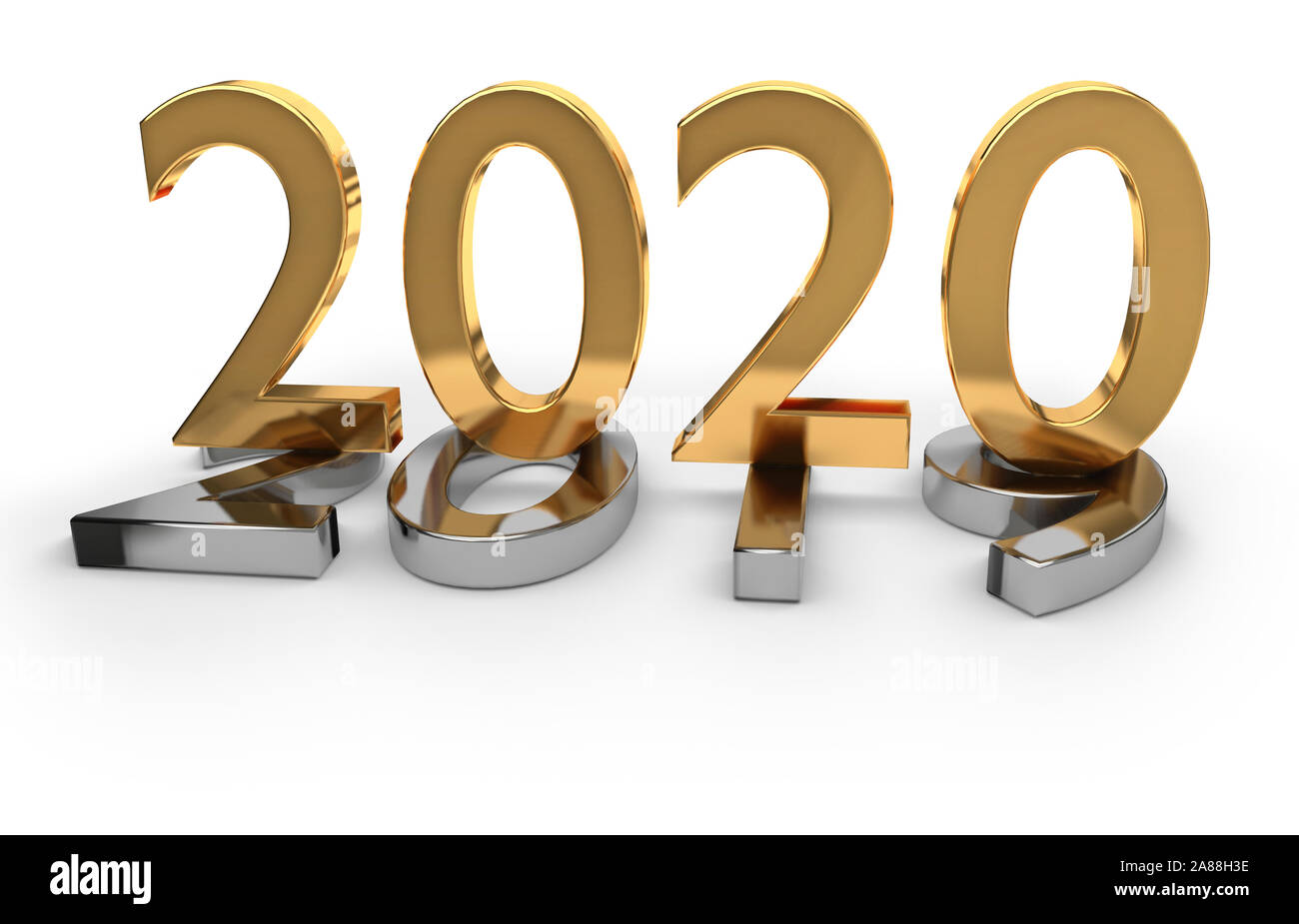 Golden numbers of New Year 2020 over grey old 2019 isolated on white background. 3d render Stock Photo