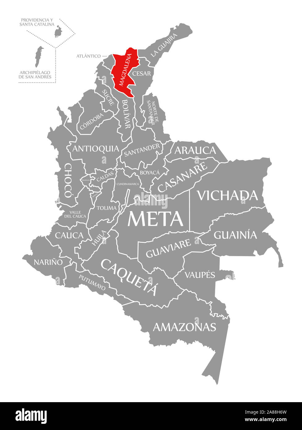 Magdalena red highlighted in map of Colombia Stock Photo