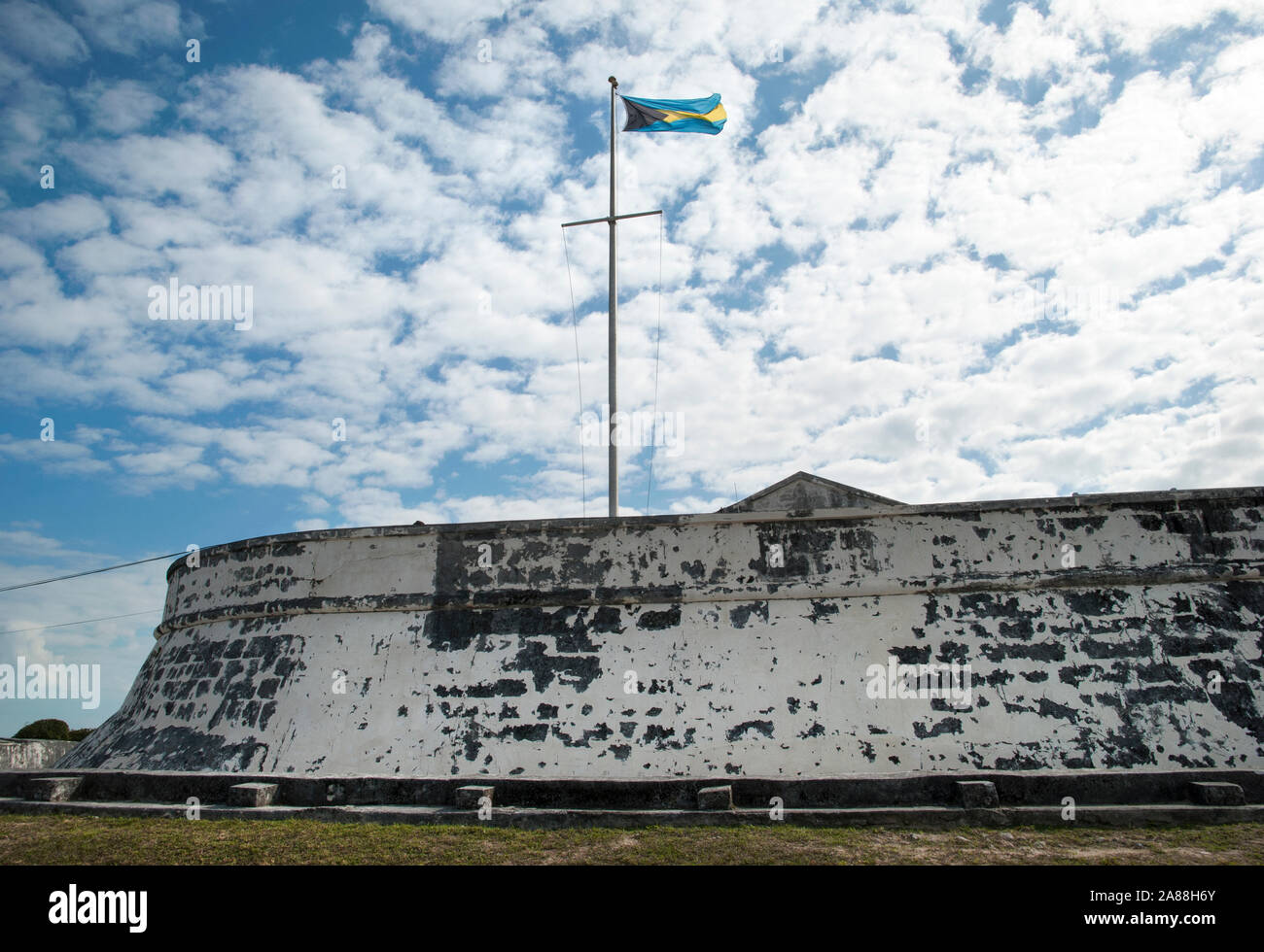 The historic Fort Charlotte built in 1788 with Bahamian flag on a top