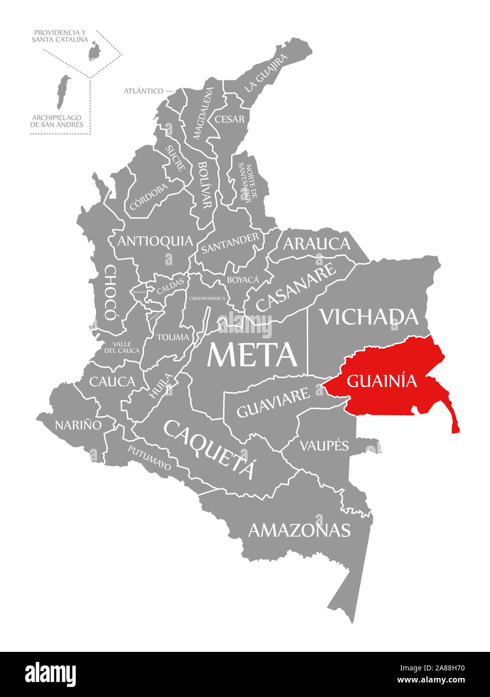 Guainia red highlighted in map of Colombia Stock Photo