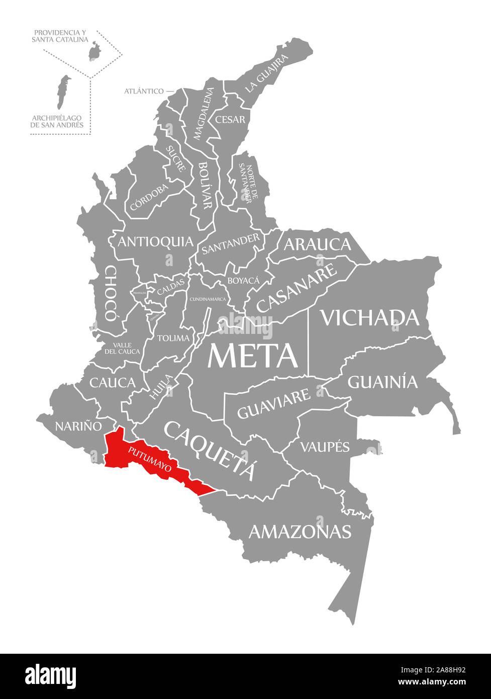 Putumayo red highlighted in map of Colombia Stock Photo