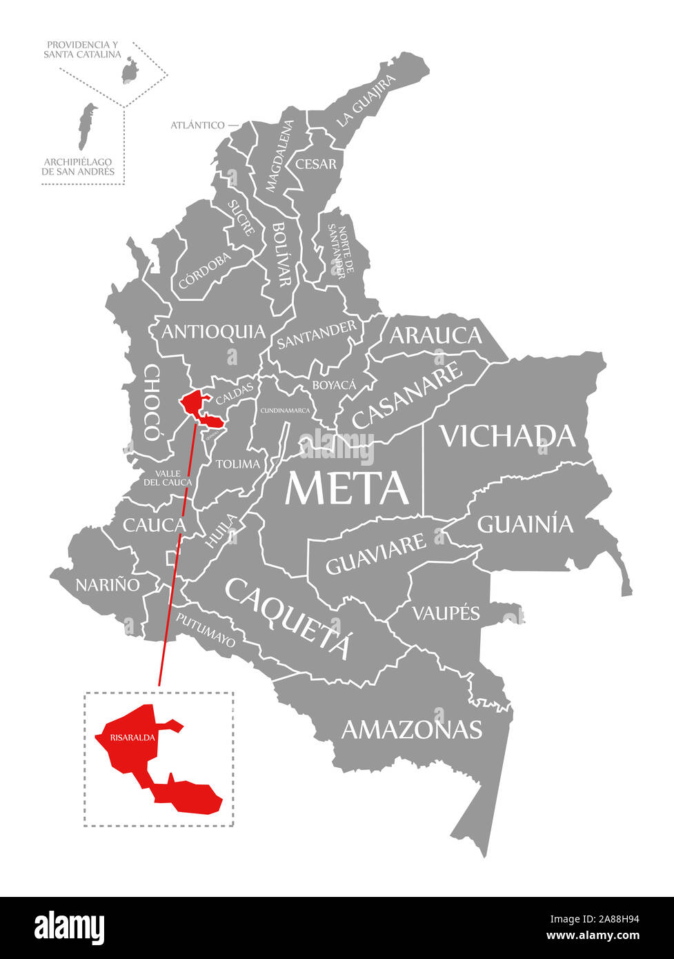 Risaralda red highlighted in map of Colombia Stock Photo