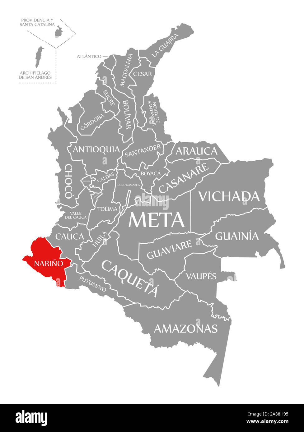 Narino red highlighted in map of Colombia Stock Photo