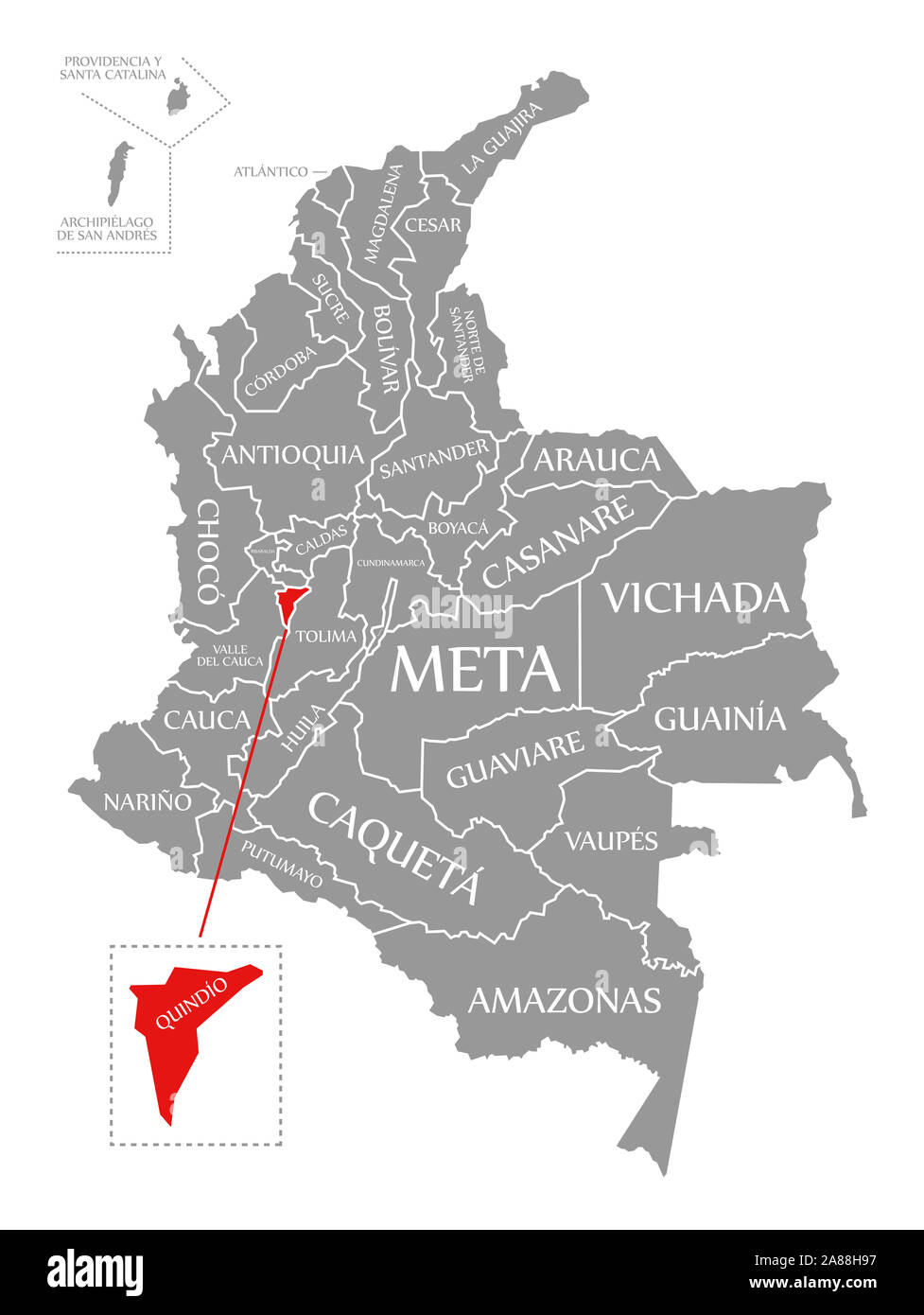 Quindio red highlighted in map of Colombia Stock Photo
