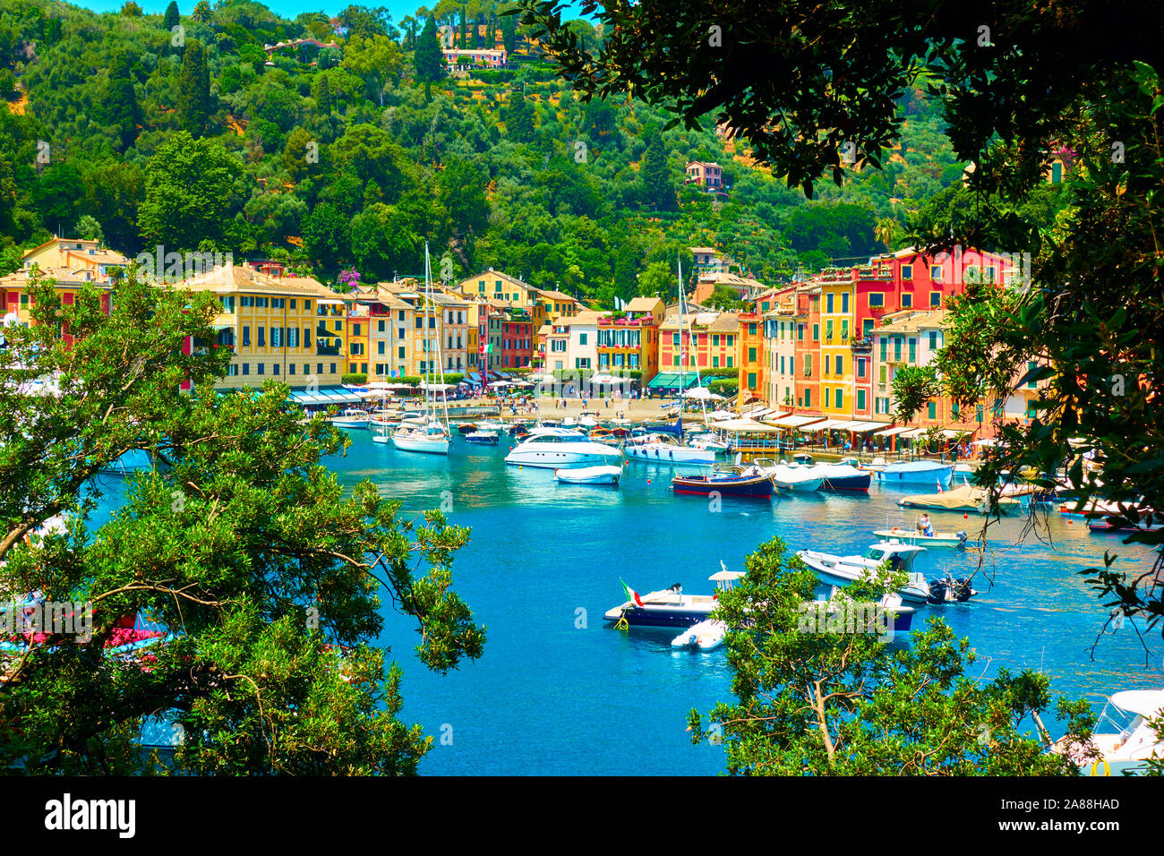 Landscape with Portofino town and harbour with boats, Italy Stock Photo