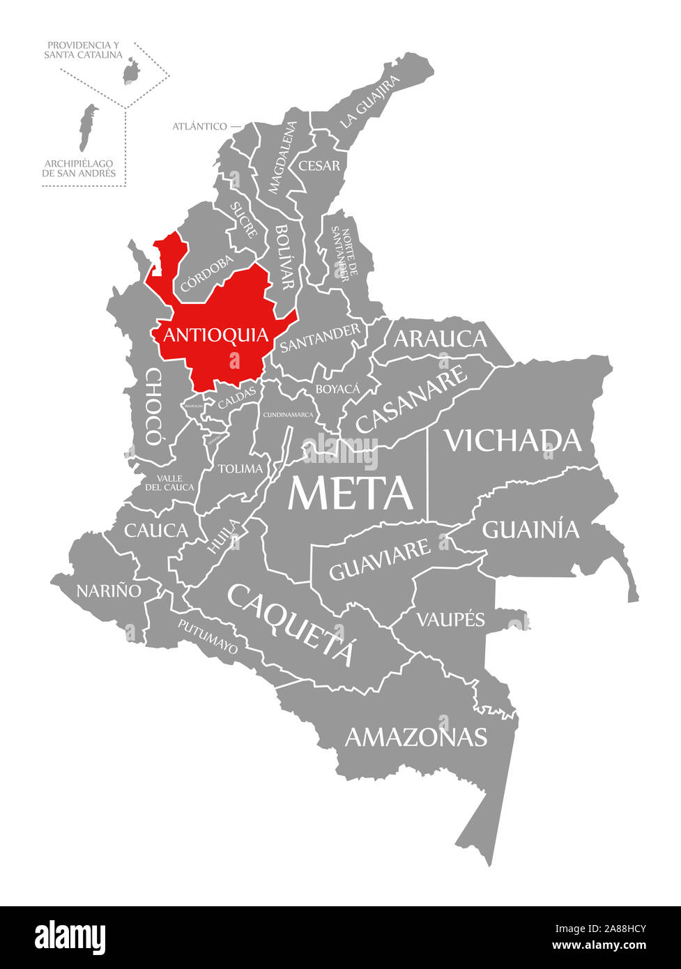 Antioquia red highlighted in map of Colombia Stock Photo