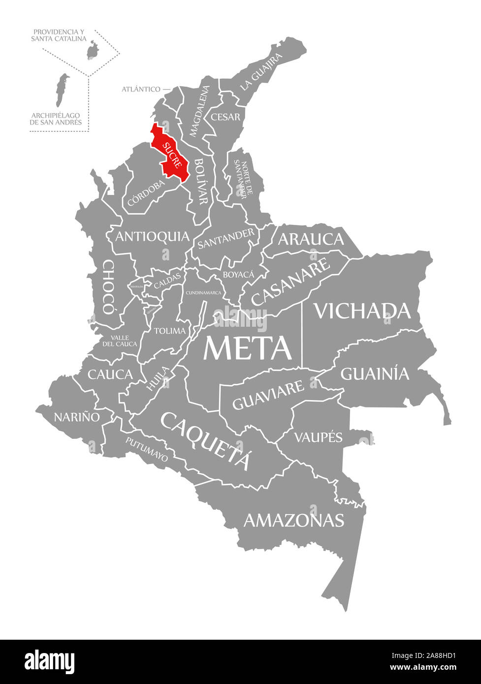 Sucre red highlighted in map of Colombia Stock Photo