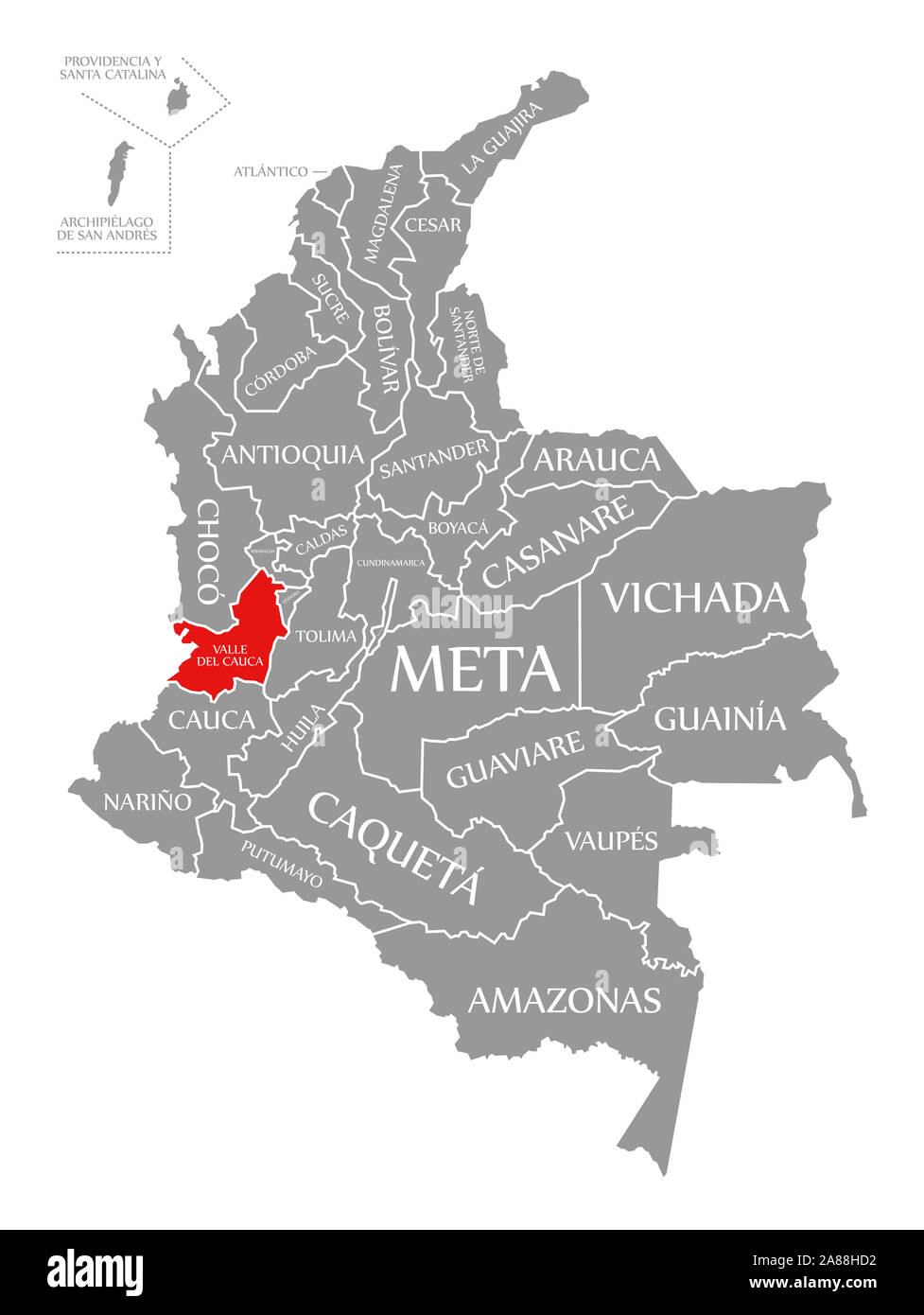 Valle del Cauca red highlighted in map of Colombia Stock Photo