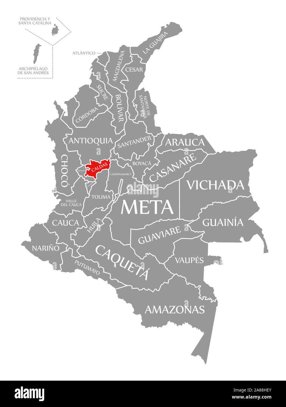 Caldas red highlighted in map of Colombia Stock Photo