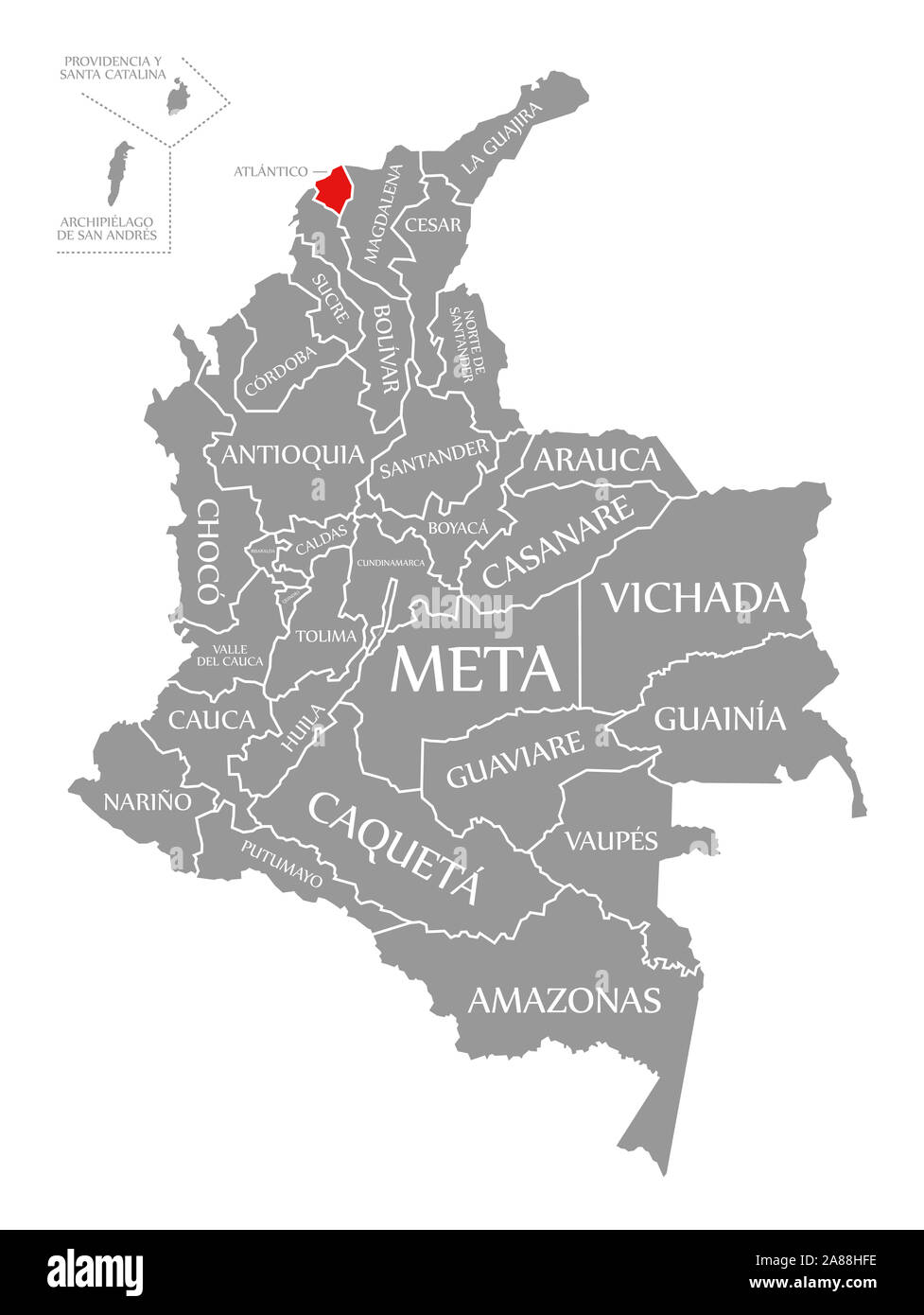 Atlantico red highlighted in map of Colombia Stock Photo