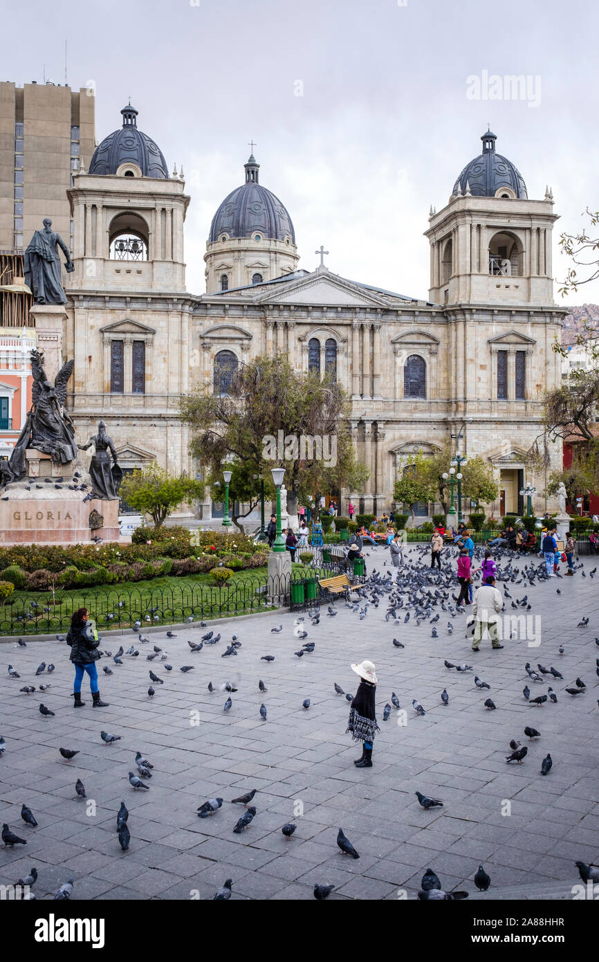 Plaza Murillo in the Historic District with the Cathedral of Our Lady of Peace or Nuestra Señora de la Paz in the background, La Paz, Bolivia Stock Photo