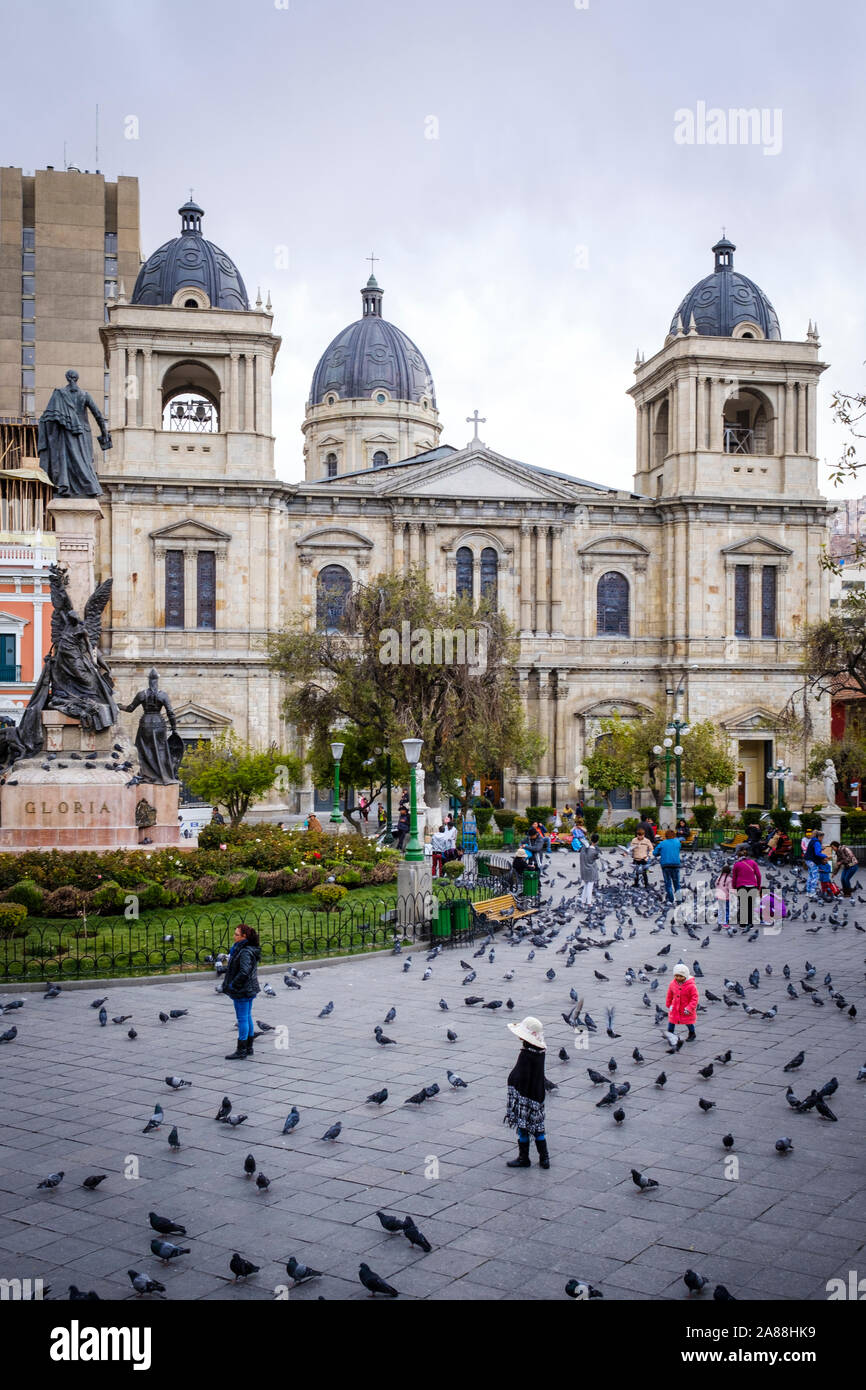 Plaza Murillo in the Historic District with the Cathedral of Our Lady of Peace or Nuestra Señora de la Paz in the background, La Paz, Bolivia Stock Photo