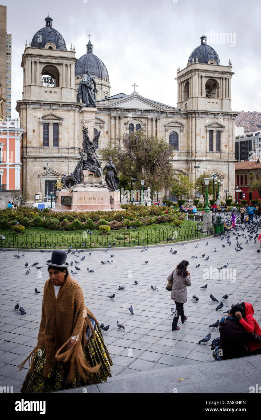 Plaza Murillo in the Historic District with the Cathedral of Our Lady of Peace or Nuestra Señora de la Paz in the background, La Paz, Bolivia Stock Photo