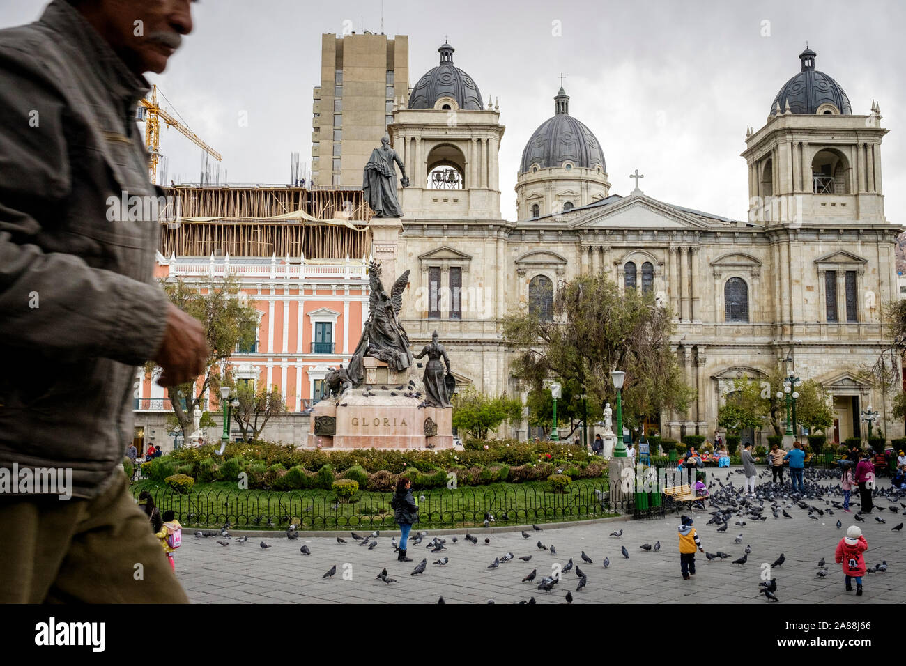 Plaza Murillo in the Historic District with the Cathedral of Our Lady of Peace or Nuestra Señora de la Paz in the background, La Paz, Bolivia Stock Photo