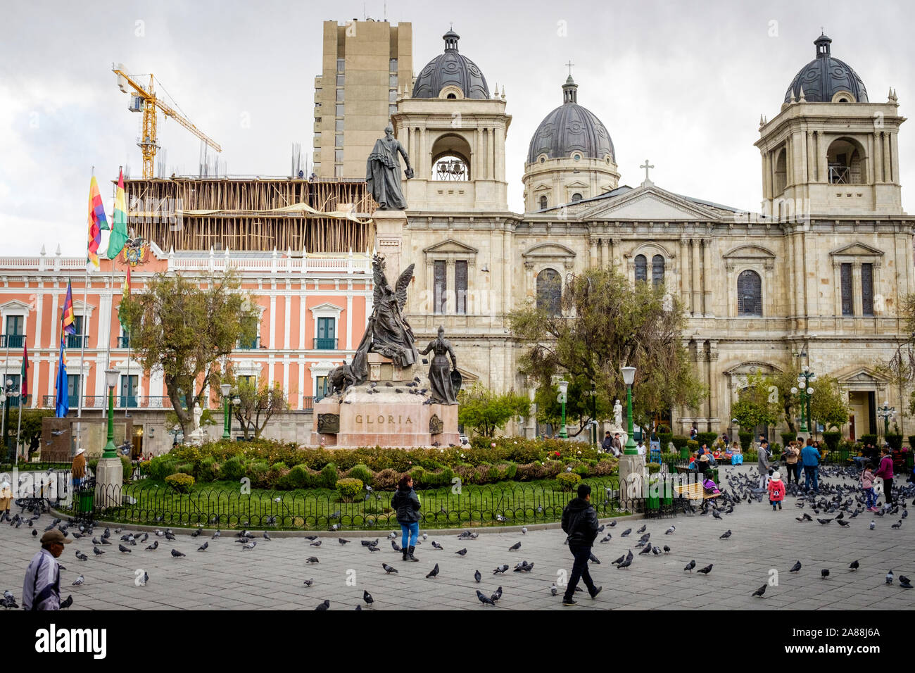 Plaza Murillo in the Historic District with the Cathedral of Our Lady of Peace and the Government Palace in the background, La Paz, Bolivia Stock Photo