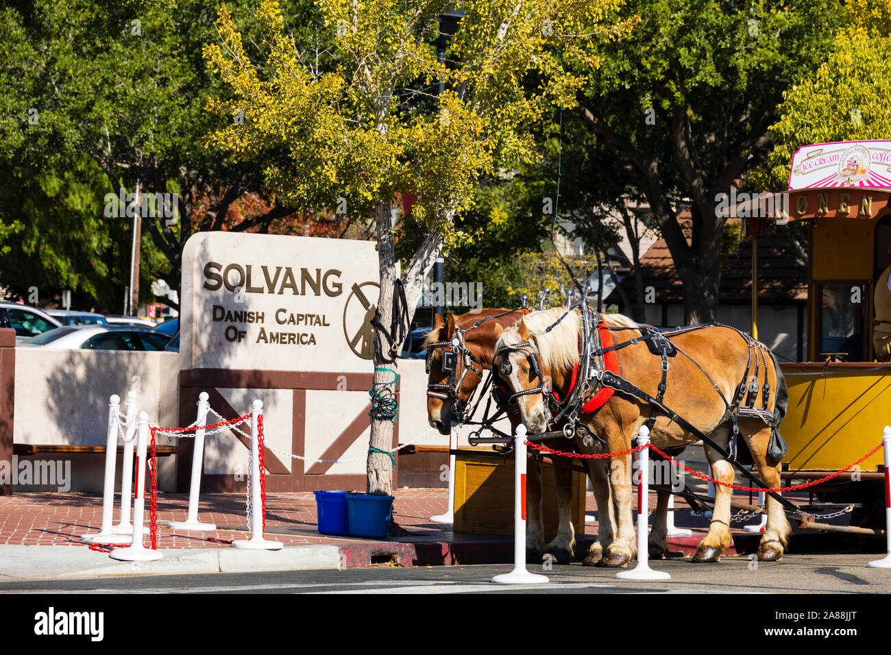 Two horse drawn trolley bus, The Danish settlement of Solvang, Santa