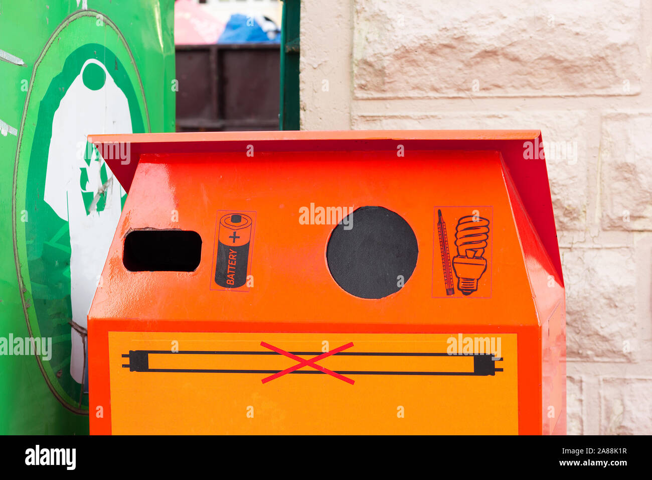 garbage point disposal of batteries and bulbs. eco management system Stock Photo Alamy