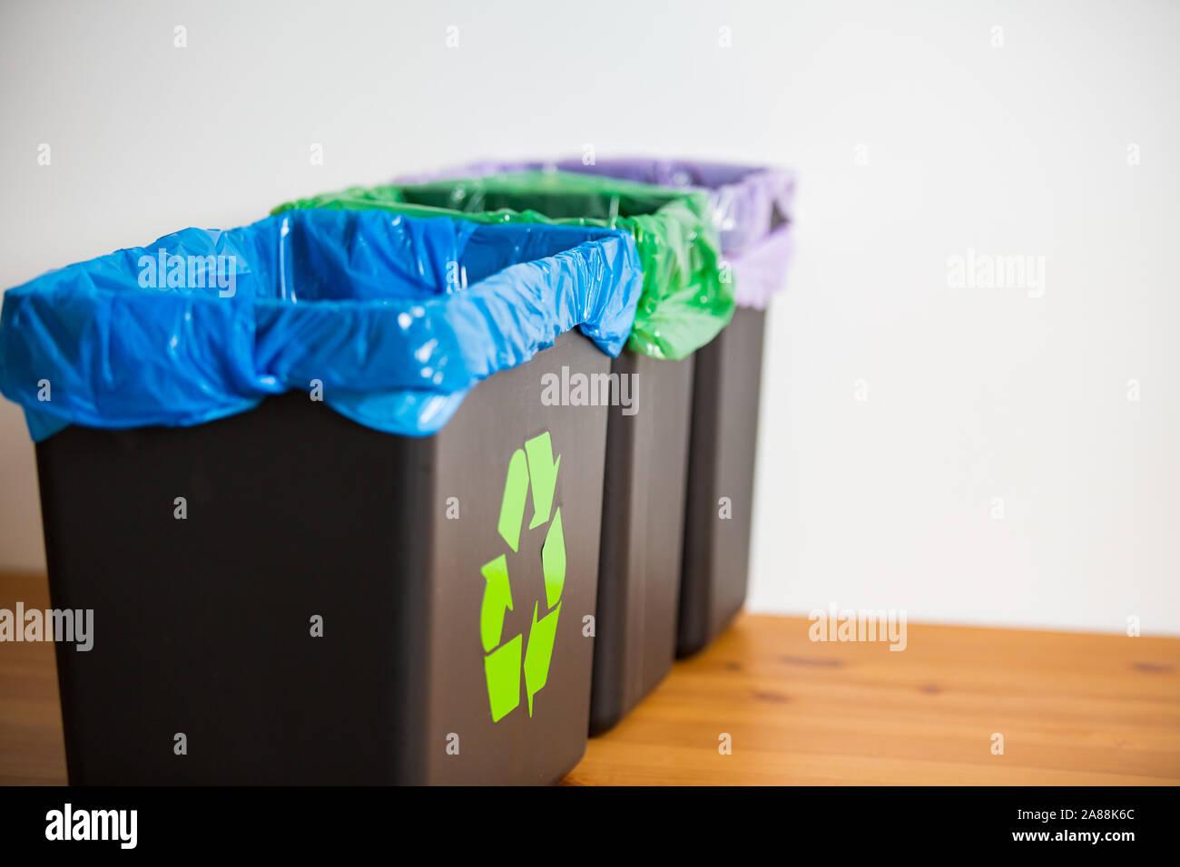 Hand putting old newspapers into recycling bin. Person in a house kitchen separating waste. Black trash bin with blue bag and recycling symbol. Stock Photo