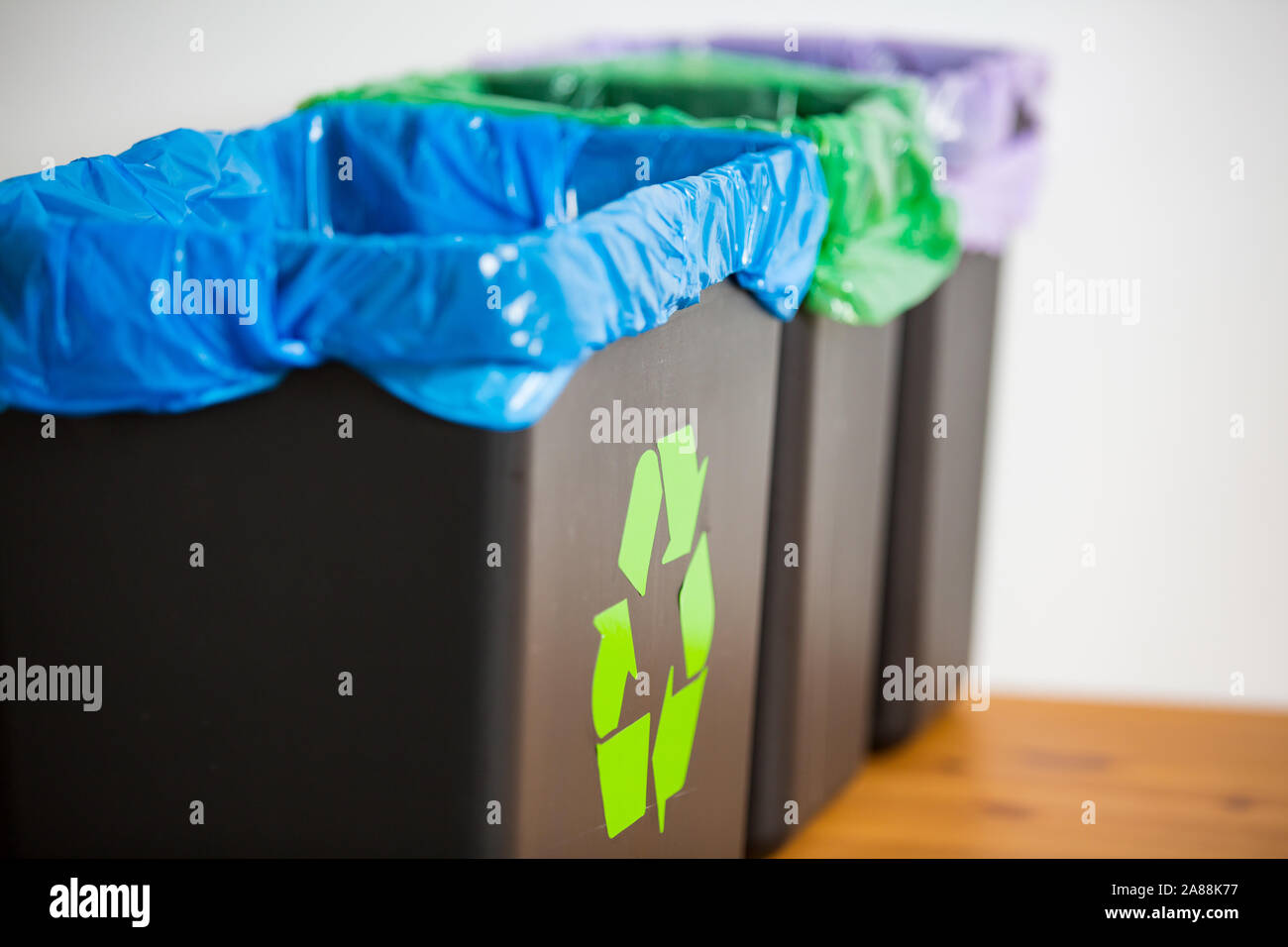 Hand putting old newspapers into recycling bin. Person in a house kitchen separating waste. Black trash bin with blue bag and recycling symbol. Stock Photo