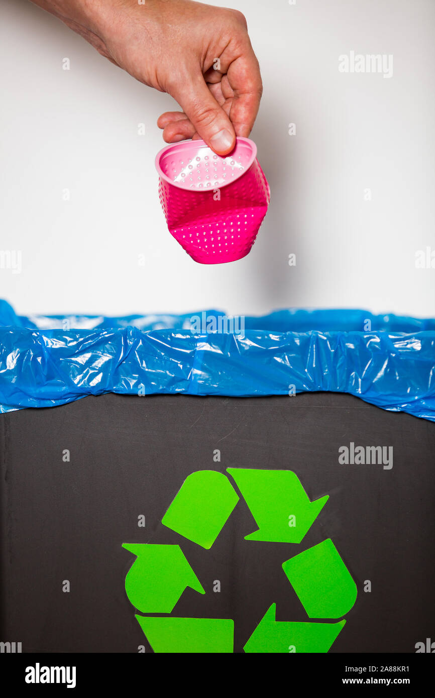 Hand putting single-use plastic cup into recycling bin. Person in a house kitchen separating waste. Black trash bin with green bag and recycling Stock Photo