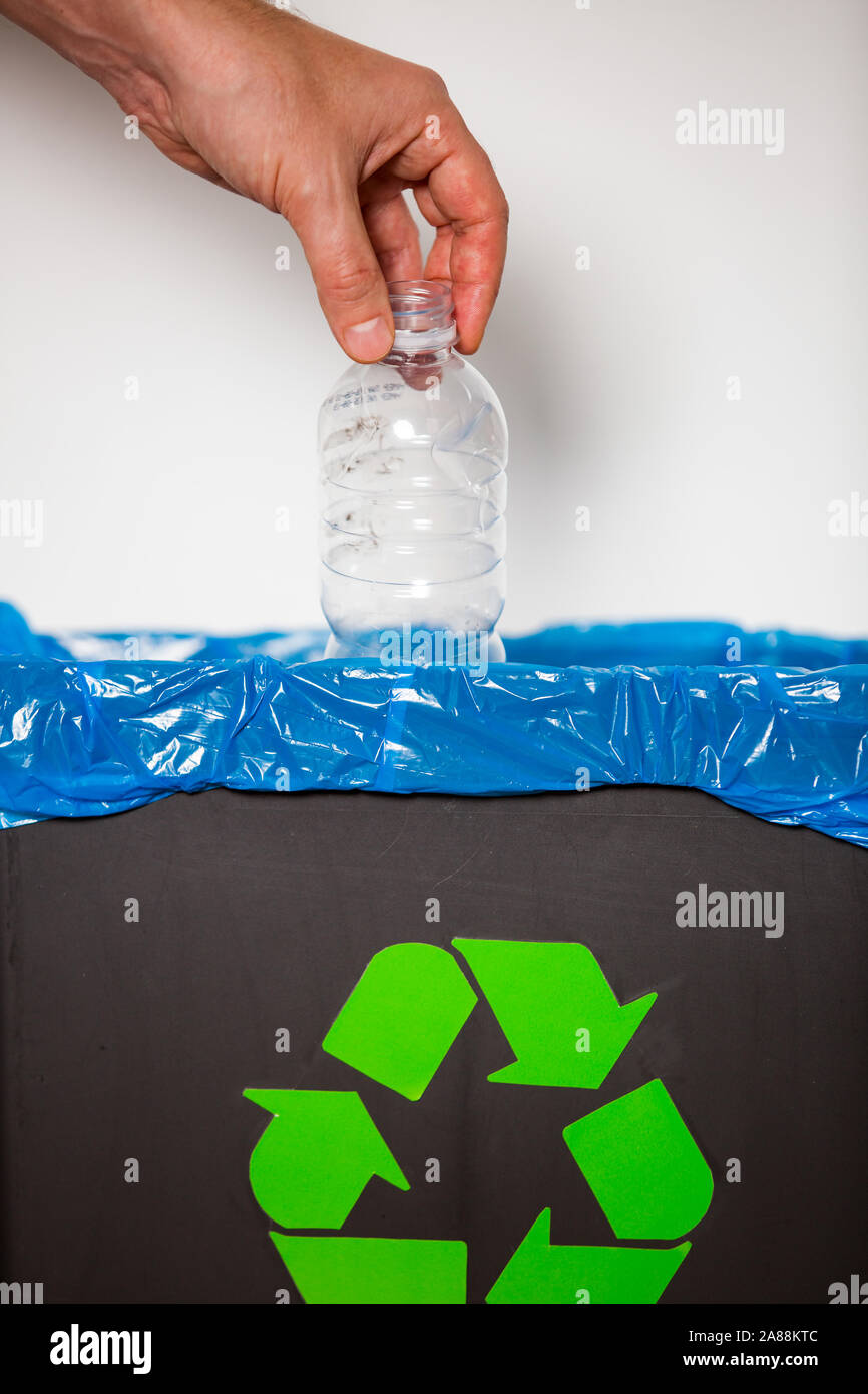 Hand putting single-use plastic bottle into recycling bin. Person in a house kitchen separating waste. Black trash bin with blue bag and recycling Stock Photo