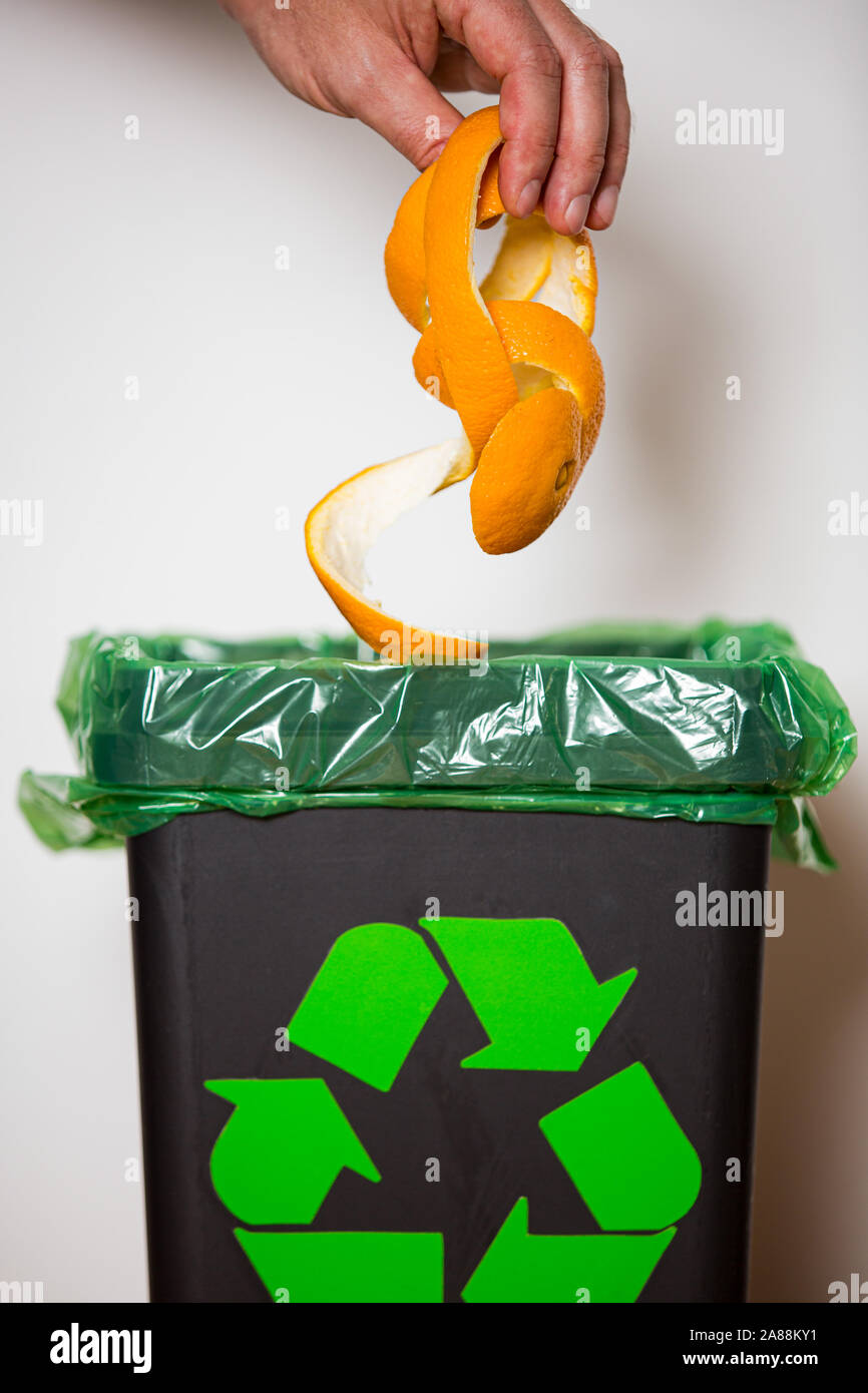 Hand putting orange peel in recycling bio bin. Person in a house