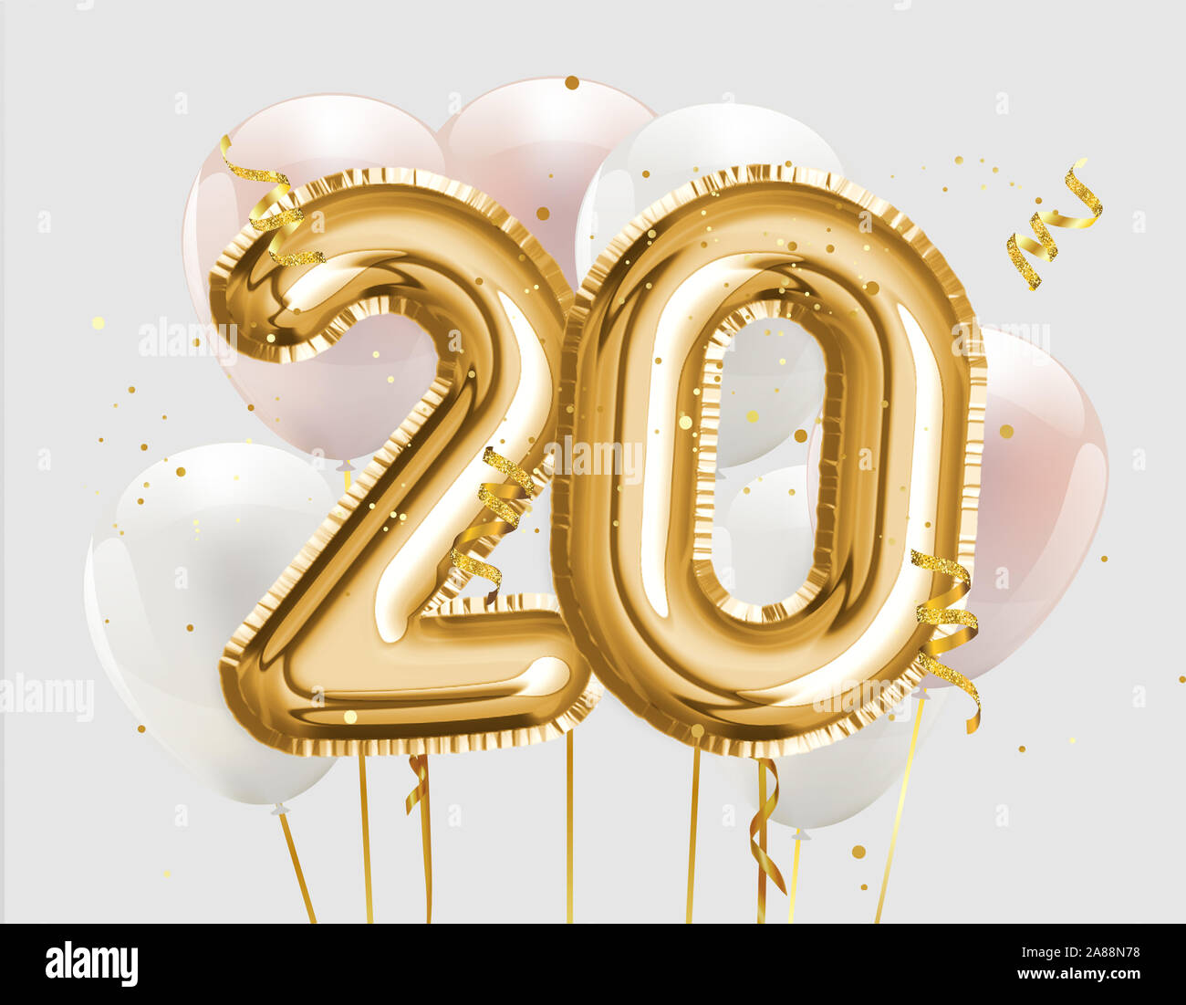 Happy 20th birthday gold foil balloon greeting background. 20 years anniversary logo template- 20th celebrating with confetti. Photo stock. Stock Photo
