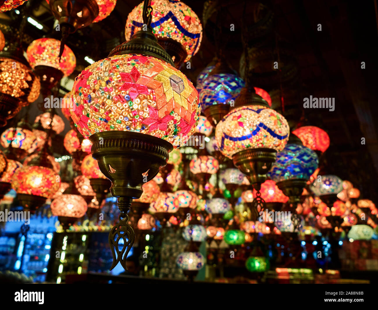 Traditional arabic style multi-colored hanging lanterns. Stock Photo