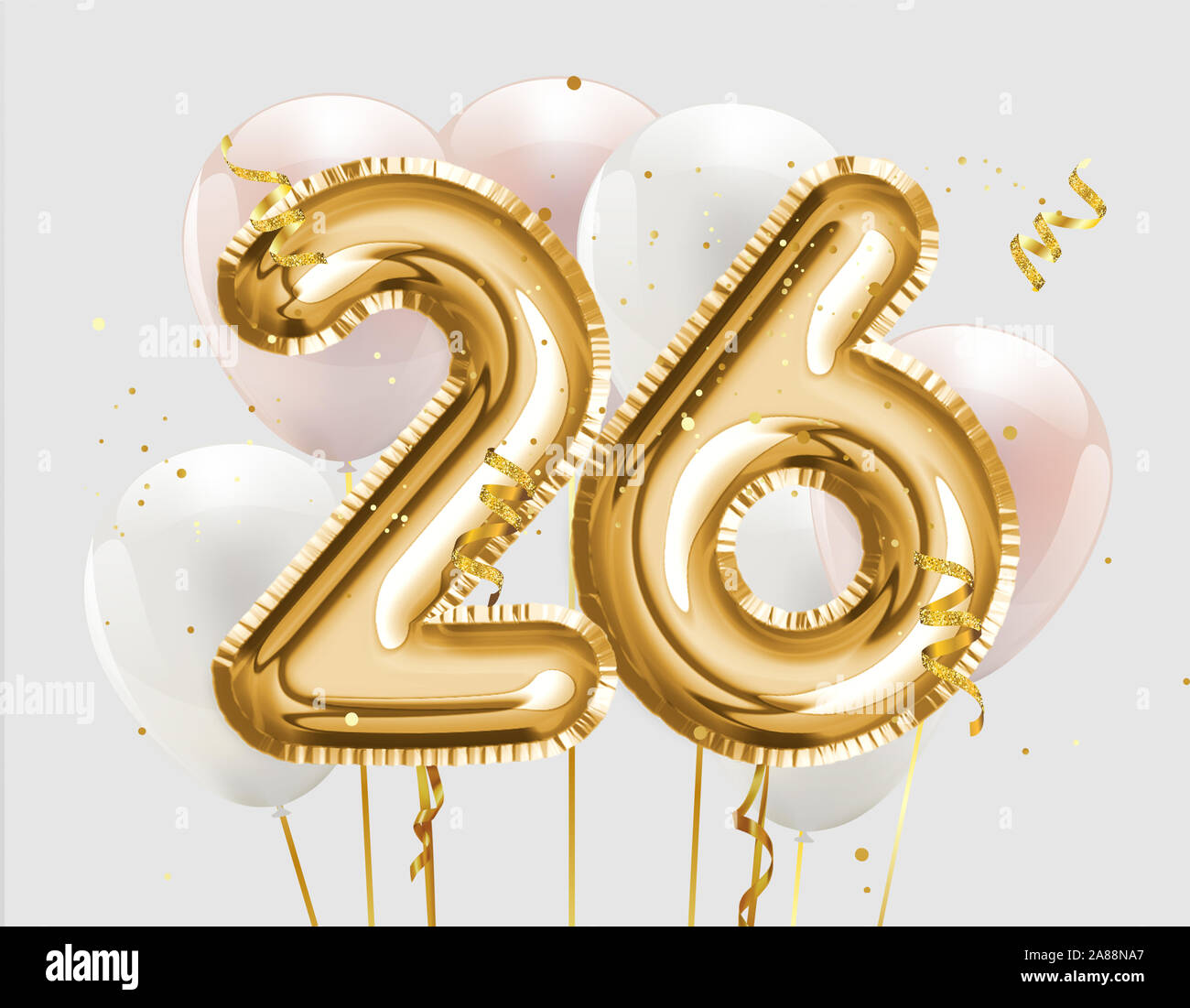 Happy 26th birthday gold foil balloon greeting background. 26 years anniversary logo template- 26th celebrating with confetti. Photo stock. Stock Photo