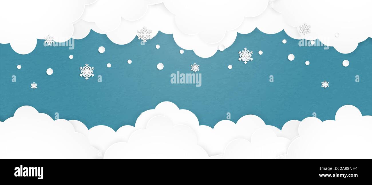 Cloud background in paper cut style with falling snowflakes. Stock Vector