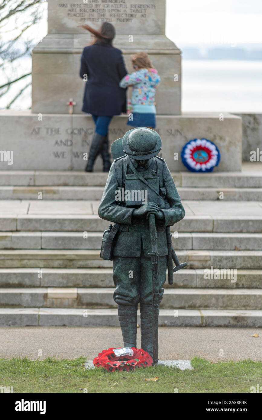 Southend Cenotaph, Southend on Sea, Essex, UK. A bronze statue of a