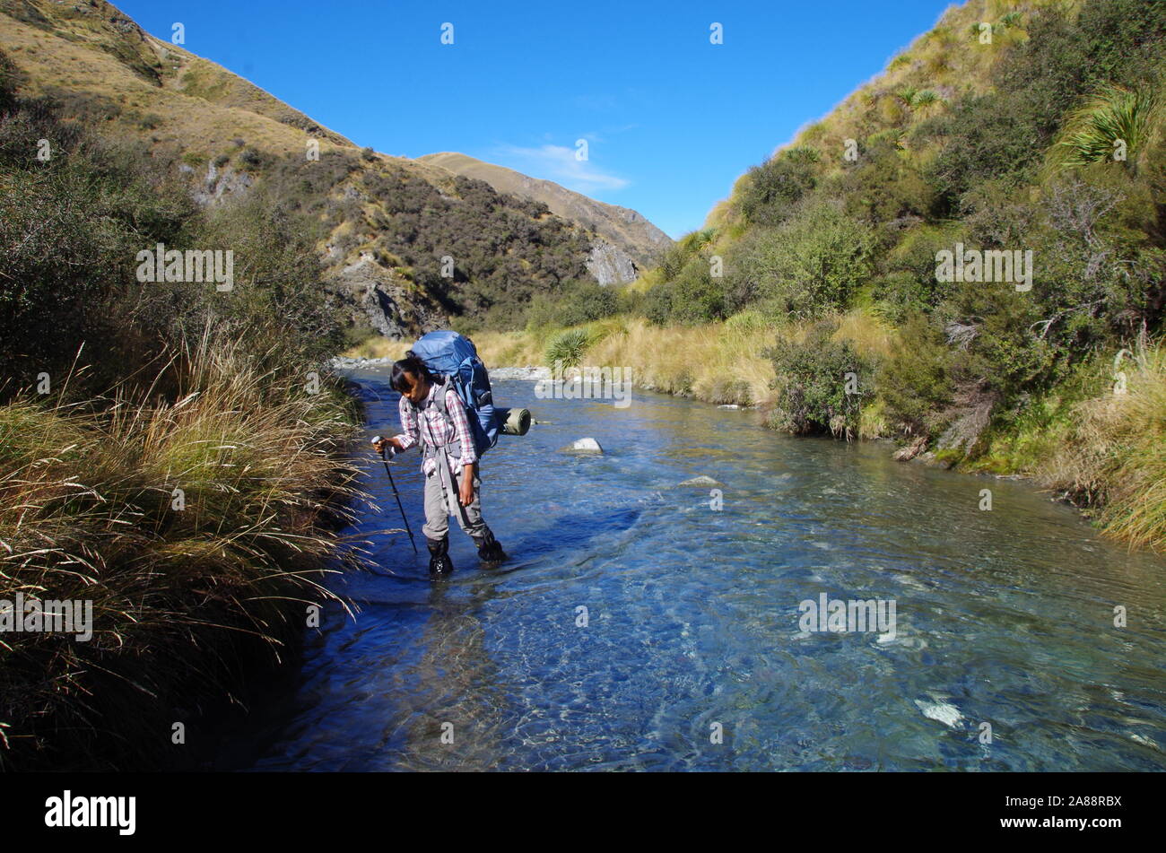 Thai female backpacker Te Araroa Trail. Motatapu Alpine Track. South
