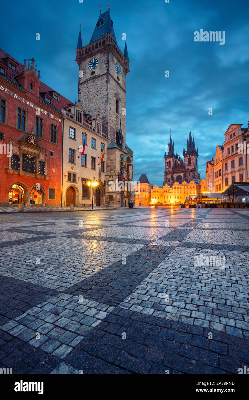 Prague, Czech Republic. Cityscape image of famous Old Town Square with the Prague Astronomical Clock and Old Town Hall during twilight blue hour. Stock Photo