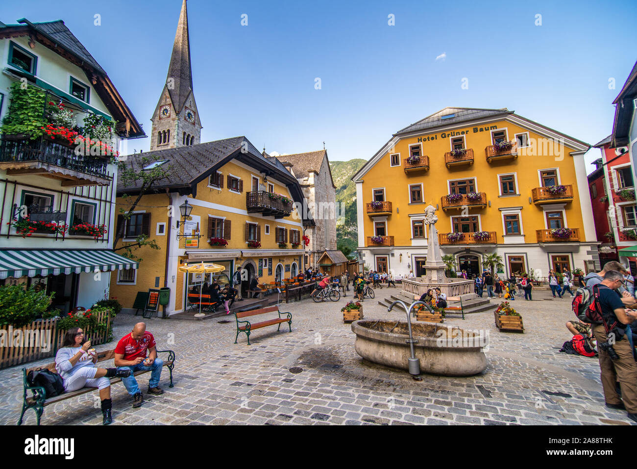 HALLSTATT, AUSTRIA July, 2019 Town square in Hallstatt, Austria