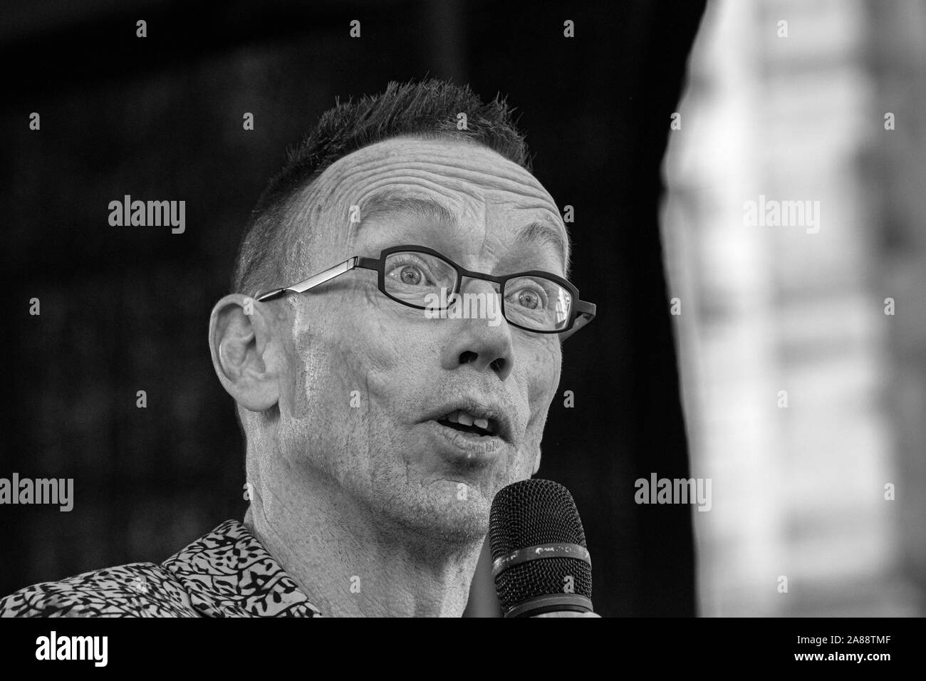 Close Up Dolf Jansen At The Edcuation Demonstration On The Dam The Netherlands 2019 In Black And White Stock Photo